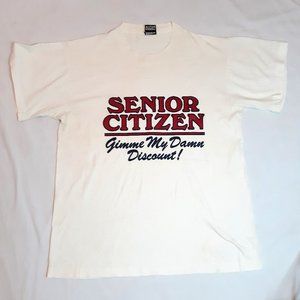 Vtg 90's Fruit Loom Best Senior Gimmee My Damn Discount White 50-50 T-shirt Sz L
